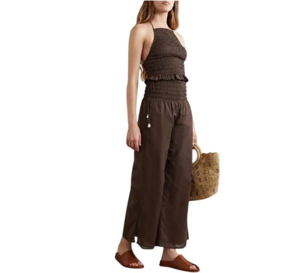 SKIN Bailee Cropped Shirred Cotton-Voile Halterneck Top in Chocolate, 0 NWOT